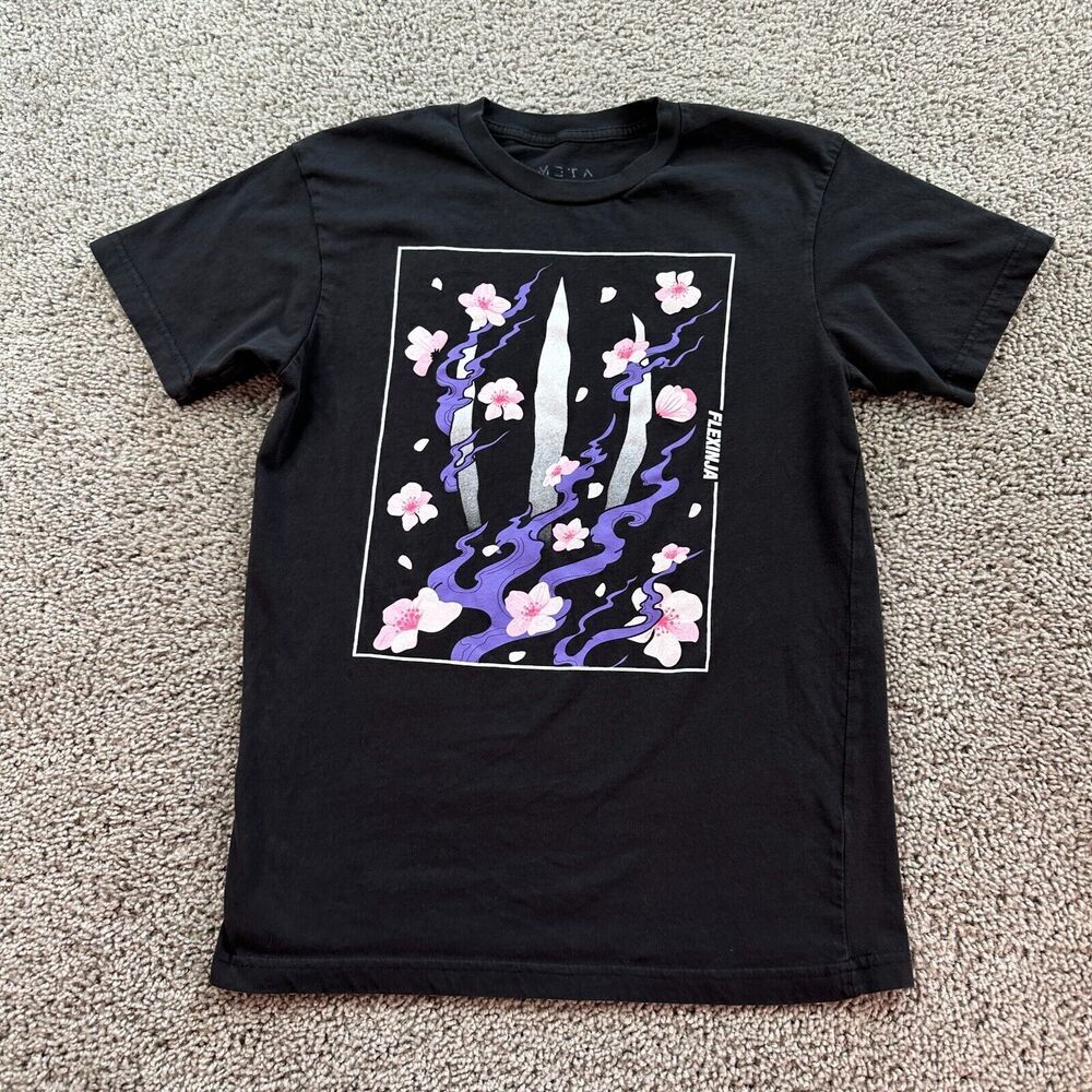 Meta Shirt Mens Small Black Purple Flowers Trippy Short Sleeve Cotton Casual